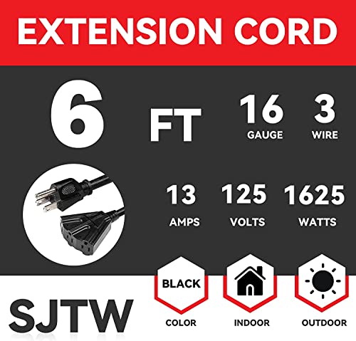 Greatide 6 Ft Outdoor Extension Cord With 3 Electrical Power Outlets - 16/3 Sjtw Durable Black Cable With 3 Prong Grounded Plug, Ul Listed #TOP1