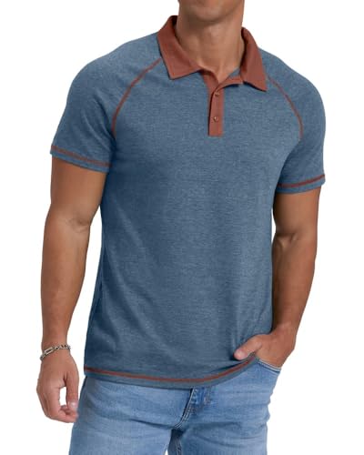 PrinStory Men'S Polo Shirts Breathable T Shirt Short Sleeves Buttons Contrasting Colors Classic Causal Tops (Blue,XXL)