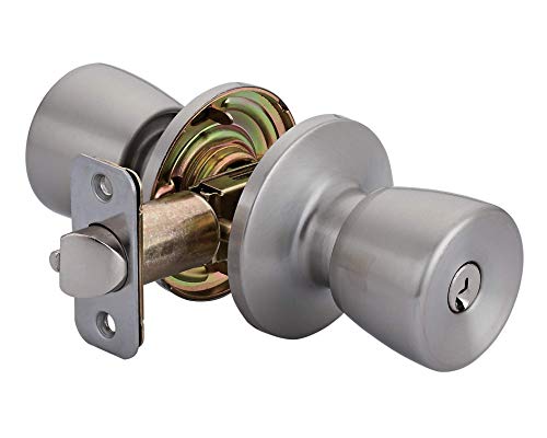 Amazon Basics Tulip Door Knob With Lock, Entry, Satin Nickel