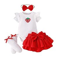 LUVCES Nouveau-né Fille Été Vêtement Manches Courtes Imprimé Fraise et Fleur Barboteuse Haut+ Bowknot Tutu Shorts + Bandeau et Chaussettes 3Pièces Ensemble Fraise rouge 3-6 Mois