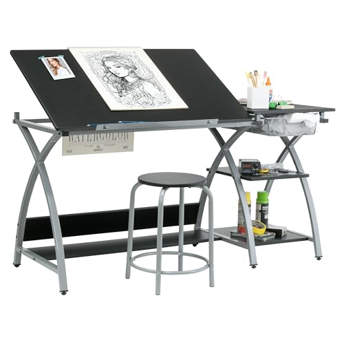 Deluxe Comet Craft Station with Stool, Adjustable Drafting & Art Desk with Storage Shelves, Pencil Ledge, Wire Mesh Drawer, 45° Tilting Top, Steel Frame, Silver/Black