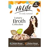 HILIFE it's only natural - Wet Dog Food - The Luxury Broth Collection Chicken Breast, Beef, Tuna, Beans, Vegetables - 100% Natural Grain Free, 15 Pouches x 100g