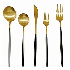 Flatware Set Puzhler 18/10 Stainless Steel Utensil Set for 1 Tableware Cutlery Set Dishwasher Safe Hostess Set with Knives Spoon Fork (Matte Black and Gold 5pcs)