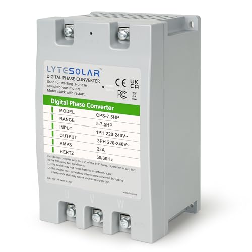 Single Phase to 3 Phase Converter, LyteSolar 7.5HP Digital Phase Shifter, 23A 220V-240V Input/Output for Electric Tools/ Motors/Mechanical Equipment