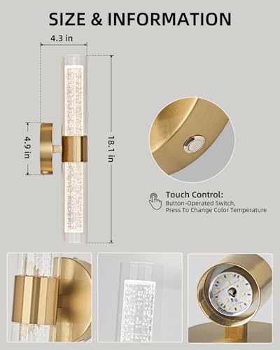Image of OKELI Battery Operated Gold Wall Sconces Set of 2, Crysta Battery Wall Sconce with Remote Control, LED Rechargeable Sconces, 3000K-6000K Wireless Wall Light for Bedroom, Living Room, Hallway