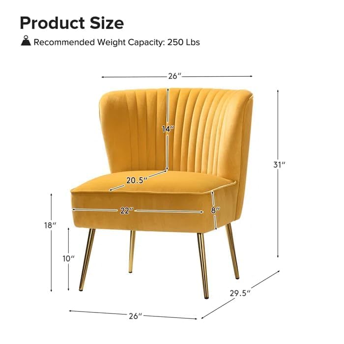 Image of Modern Upholstered Accent Velvet Chair Single Seater Channel Tufted Wing Back Chair with Golden Matel Legs for Living Room, Bedroom, Dining Room, Mustard