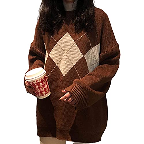 SIPEIEN Frauen Geometrische Pullover Muster Argyle Pullover Lose Basic Oversized O-Neck Strickpullover Top Braun Cover