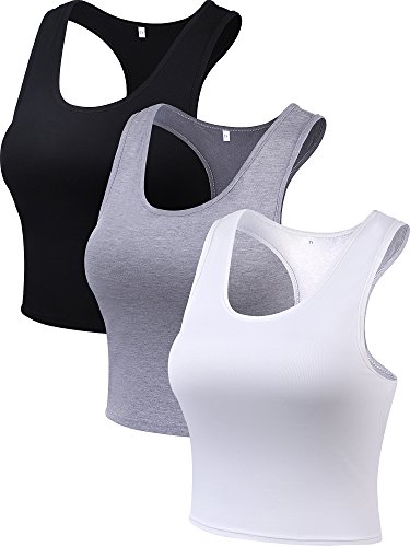 3-Piece Women's Crop Top Set, Workout Sleeveless Racerback Tanks - Black, White, Grey (X-Large) #TOP4
