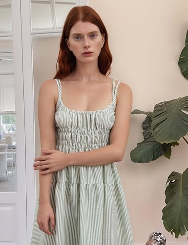 Image of Women's 2025 Summer Striped Smocked Maxi Dress Sleeveless Boho Sundress Double Strap Flowy Swing for Beach Vacation