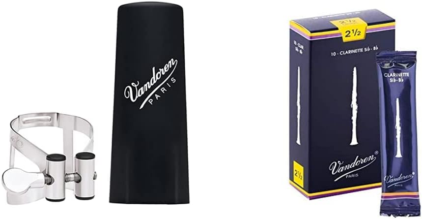 Vandoren LC51PP M/O Ligature and Plastic Cap for Bb Clarinet; Pewter Finish & CR1025 Bb Clarinet Traditional Reeds Strength 2.5; Box of 10