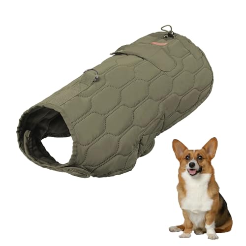 暖かい犬用パファージャケット、厚手防水防風暖かい犬用コート、調節可能な寒い天候の冬用犬用コート、Dリング付き、小型中型大型犬用,グリーン,L