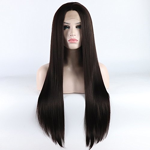 Lace Front Wigs Straight Long Dark Brown Synthetic Yaki Wig Silky Hair Swiss Lace Front Wigs Half Hand Tied Middle Part Heat Resistant fibers For Women 24 Inches