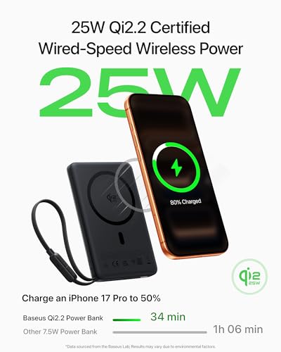 Baseus Qi2.2 25W Slim 10000mAh Power Bank con cable USB-C integrado miniatura 3