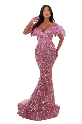 Image of Sequin Feathers Mermaid Prom Dresses 2026 Off Shoulder Sparkly Long Formal Evening Party Gowns with Train