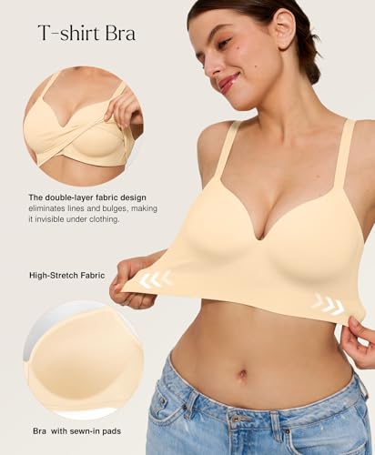 Image of Popilush Bras for Women No Underwire Seamless Wireless Support Bra Full Coverage Comfort T Shirt Bralette