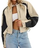 Tankaneo Womens Faux Leather Bomber Jackets Cropped Zip Up Color Block Fall Casual Moto Biker Coats