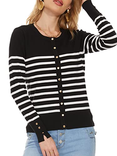 Spicy Sandia Women's Lightweight Crewneck Cardigan Sweaters Cropped Button Down Knit Cardigans Dressy(White Striped,L) #TOP4
