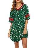 Ekouaer Womens Nightgown Cotton Sleepwear Short Sleeve Sleep Shirt V Neck Color Block Nightshirt XXL Christmas Green
