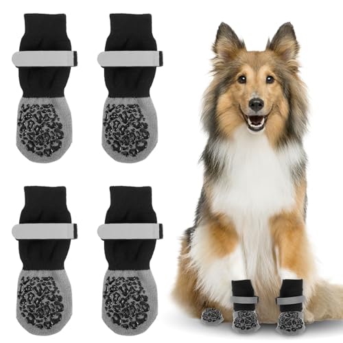 4 Pcs Double Sided Dog Socks to Prevent Licking Paws, Dog Socks for Hardwood Floors Anti Slip, Paw Protector, Winter Warmth, Waterproof, Suitable for Indoor Wooden Floors, Outdoor, M, Gray