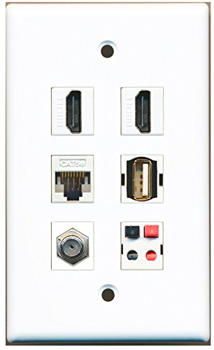 RiteAV - 2-portowy kabel koncentryczny HDMI 1-portowy telewizor - F-typ 1 port USB A-A 1 port Cat5e Ethernet biały 1 port głośnik płyta ścienna