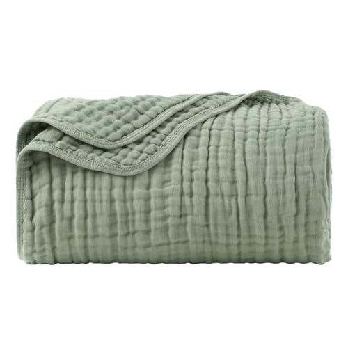 Battilo 100% Cotton Muslin Throw Blanket 6-Layer Gauze Blanket for Summer Large Sage Green Throws for Sofas Settees Armchairs Lightweight and Breathable Cotton Blanket 130x150cm