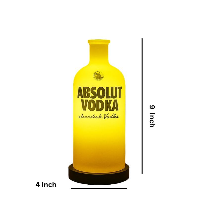 Image of KAVI EcoGlow Upcycled Yellow Bottle Lamp with Wooden Base & Built-in LED Light for Home & Bar Decor