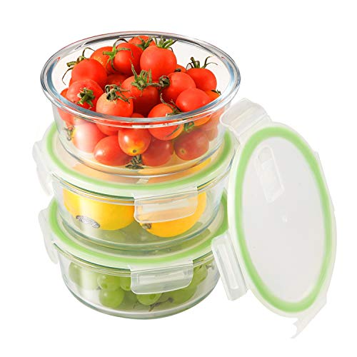 Aibeide Glass Round Meal Prep Containers-3 Set(27oz)，BPA-Free Airtight Food Storage Containers，Freezer to Oven,Microwave,Freezer,Dishwasher Safe Lunch Containers (Round)