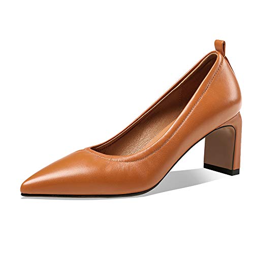 TinaCus Women's Handmade Genuine Leather Pointed Toe Mid Block Heel Pumps Shoes