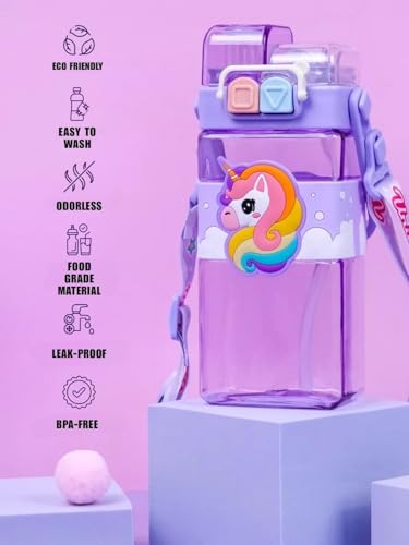Image of Water Bottle Anti-Leak Kids Unicorn School Water Bottle, 520 ML BPA Free, Cute Rainbow Design Dual Cap With Straw, Strap & Carry Handle (Purple)