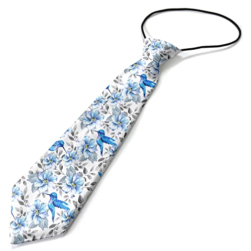 KAWAMOUSE Toddler Size ( Flower Blue Flowers Hummingbirds ) Pre-Tied Adjustable Novelty Necktie, Fashion Conversational Neck Strap Ties for Boys and Children, for Wedding Parties Events