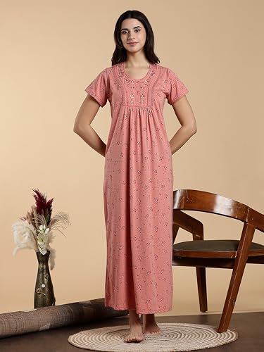 Image of 9shines Label Stylish Cotton Blend Embroidered Maxi Nightdress for Women with Pocket| Full Length Nightwear| Premium Nightdress| Comfortable Nightwear(5256)