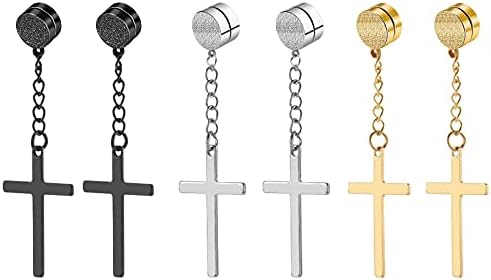 NEWITIN 3 Pairs Magnetic Stud Earrings for Men Stainless Steel Magnetic Earrings Men Clip on Earrings Non Piercing Cross Earrings Unisex CZ Hoop Dangle Cross Magnetic Earrings for Men Women