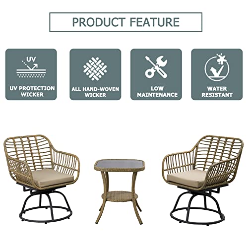 Patioption 3 Pcs Wicker Balcony Bistro Set, 360° Swivel Rocker Patio Chairs Set With Soft Cushions, Tempered Glass Top Table, Patio All-Weather Wicker Furniture Set For Backyard Garden Living Room #TOP5
