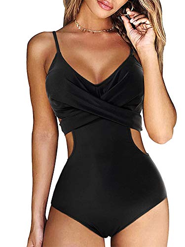 YILEEGOO Damen-Badeanzug, einteilig, Push-Up, hohe Taille, Cutout-Monokini, Bademode, Schwarz , L Cover