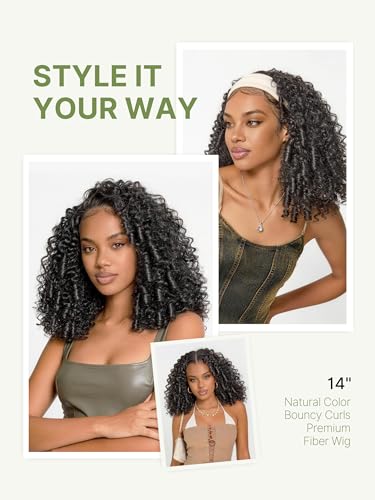 Image of Kinky Curly Half Wig 13X6 HD Lace Frontal Glueless Wig 14 Inches | Headband Wig with Unique Bouncy Curl,Veralux Fiber Blend Human Hair 200% Density Natural Black Ready to Go for Women
