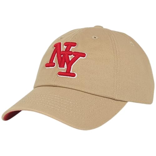 NY 3D Embroidered 100% Cotton Dad Hat New York Baseball Cap Adjustable Metal Buckle Strap Unstructured Low-Profile Style - Under Brim Two Tone Khaki Red