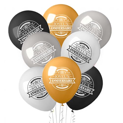 THE REPLICANT Pack de 8 Ballons Joyeux Anniversaire / 4 Couleurs différentes : Noir, Blanc, Doré, Gris
