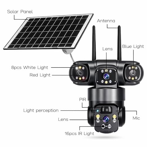 Image of Dr Vision 3 Lens Solar 4G Powered PTZ Outdoor CCTV Camera | 360 View | Color Night Vision | Two Way Audio | 4G SIM-Based Security Camera for Home with Mobile App V380 Pro (3 Lens Solar)