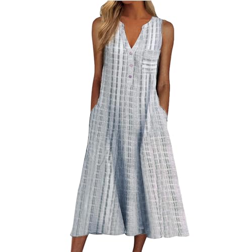 Image of Women Casual Dress Summer Stripe Button V Neck Sleeveless with Pocket Long Dresses Holiday Beach Party Midi Dress