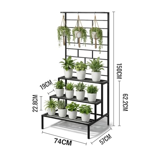 Image of Robustt 4 Tier Metal Plant Stand with Trellis & Hanging Rod | Black | 150 x 29.5 Inches| Heavy Duty, Rust-Resistant Plant Rack for Indoor Living Room & Outdoor Balcony