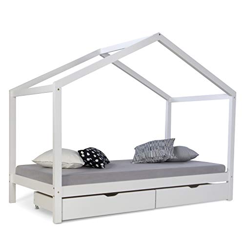 Homestyle4u 1922, Hausbett 90x200 Weiß mit Bettkasten Kinderbett mit...