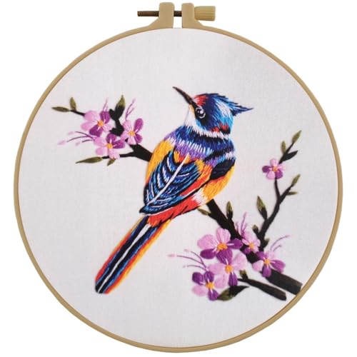 Image of Esffaci Embroidery Starter Kit for Adult Beginner with Bird Flower Magpie Pattern Hand Embroidery Set with Cloth Hoop Needle Threader Floss and Instruction