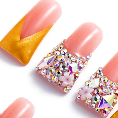 IntoVibes 10 Pieces Handmade Luxury Metallic Yellow Shimmer with AB Crystal Shine Long Press On Nails With Bling Rhinestones And Y2K Princess Vibes, Reusable Fake Nails, Acrylic Nails (M) — view 4