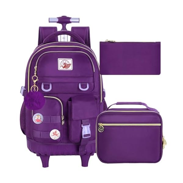 CCJPX 3PCS Rolling Backpack for Girls, Women Roller Bookbag with Lunch Box for Adults, Water Resistant Wheeled School Bag for Teens Kids Travel - Dark Purple