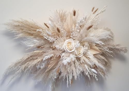 YN HI FLOWER DIY Dried Pampas Wall Decor – Boho Natural Flower Swag with White Roses & Bunny Tails for Wedding Arch or Home Accent(Elegant White Pampas)