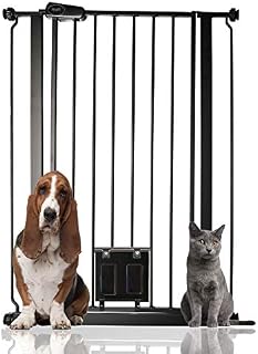 Bettacare Gate with Lockable Cat Flap Pressure Fitted Gate 75cm - 148.7cm Stair and Pet Gate (75cm - 84cm, Black)