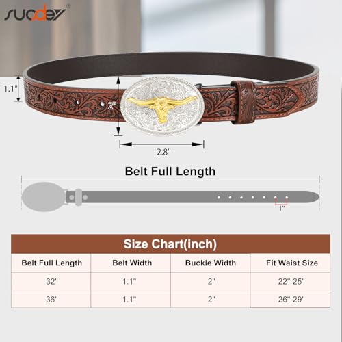 SUOSDEY Kids Western Belt for Boys Girls,Toddler Youth Cowboy Cowgirl Genuine Leather Belt with Longhorn Bull Buckle 6