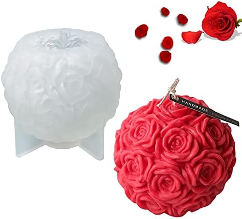 Large Rose Ball Candle Molds 3D Rose Flowers Silicone Mould Valentine's Day Resin Casting Mold for DIY Candle Making Homemade Soap Polymer Clay Craft Plaster