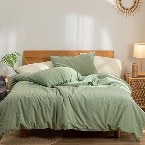 EAVD Modern Style Solid Color Green Duvet Cover Queen Soft 100% Washed Cotton Nature Green Bedding Set with 2 Pillowcases Simple Luxury Green Comforter Cover with Zipper 4 Ties
