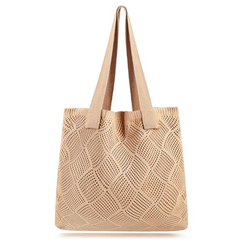 Image of COOKOOKY Lined Crochet Tote Beach Shoulder Bag Women Casual Work Shopping | Lined crochet tote with soft structure, perfect for beach, work, shopping. Roomy & lightweight for daily use.